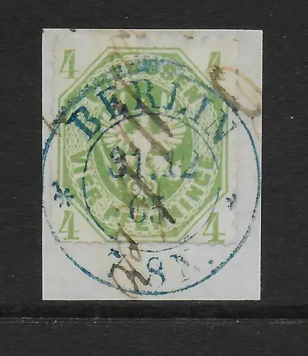 Preußen: MiNr. 14 gestempelt Berlin in blau, 1865 auf Briefstück