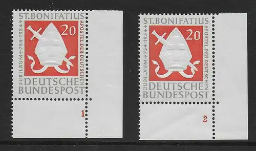 Bund: MiNr. 199 mit Sektor Nr. 1 +2  im Eckrand, postfrisch, **