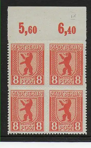 MiNr. 3 B IX,  postfrisch, ** Viererblock vom Oberrand