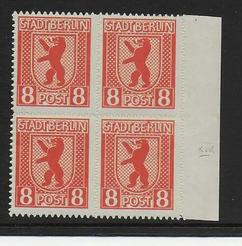 MiNr. 3 B XIX,  postfrisch, ** Viererblock Seitenrand