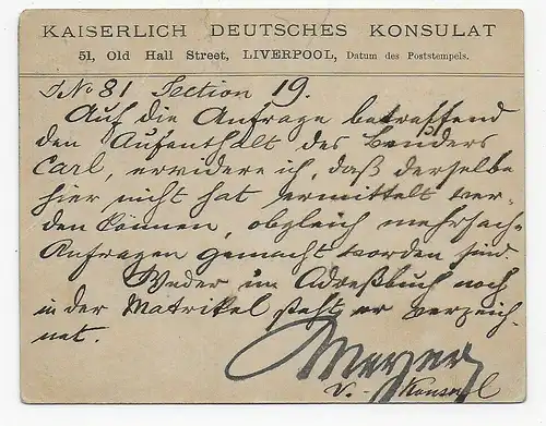 Post card Liverpool 1898 to Aue/Germany, Kaiserlich Deutsches Konsulat