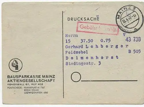 Drucksache Mainz 1947 nach Delmenhorst, Gebühr bezahlt: Bauspar -Zuteilung Info