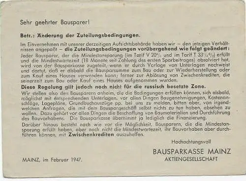 Drucksache Mainz 1947 nach Delmenhorst, Gebühr bezahlt: Bauspar -Zuteilung Info
