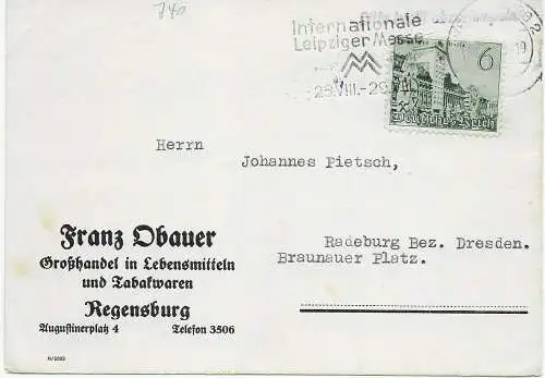 Postkarte Regensburg, Lebensmittel und Tabakwaren Großhandel, 1940 nach Radeburg