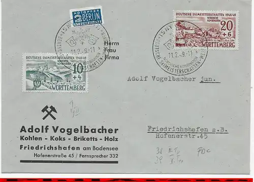 Württemberg 1949 Brief von Isny Skimeisterschaften nach Friedrichshafen FDC