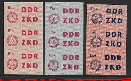 DDR ZKD: MiNr. 1U, 5U, 9U jeweils im 3er Streifen, postfrisch, **