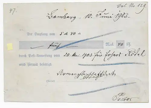 Bamberg Postkarte Empfangsbestätigung nach Selbitz 1903