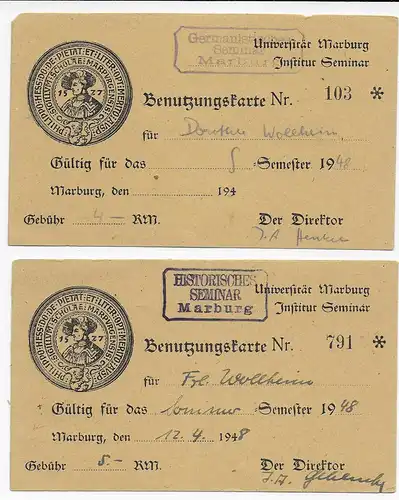 2x Benutzerkarte Uni Marburg, Historisches/Germanisches Seminar 1948