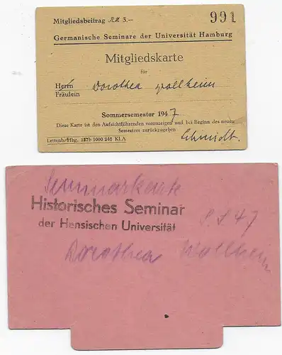 2x Mitgliedskarte Uni Hamburg, Germanische Seminare, Historisches Seminar 1947