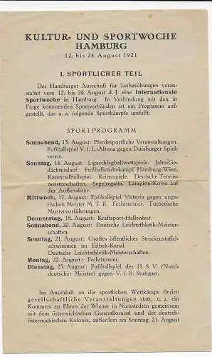 Sportprogramm Kultur- und Sportwoche Hamburg 1921