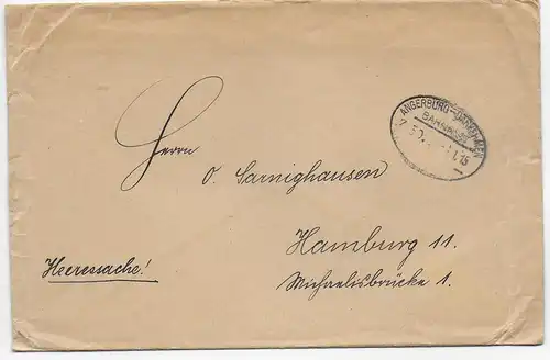 Bahnpoststempel auf Heeressache Angerburg-Darkehmen 1915, Paulswalde