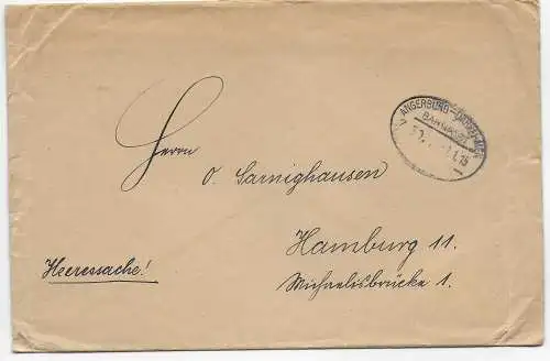 Bahnpoststempel auf Heeressache Angerburg-Darkehmen 1915, Paulswalde