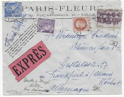Paris-Blumen/Fleurs, Lille, Expres nach Frankfurt/M 1942 mit OKW Zensur, Fleurop