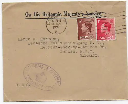 Dienst Brief London, Imperial Economic Committee nach Berlin, 1937