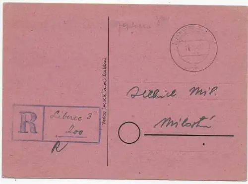 1945 Einschreiben Liberec : Deutscher B&M  Einlieferungsschein verschickt