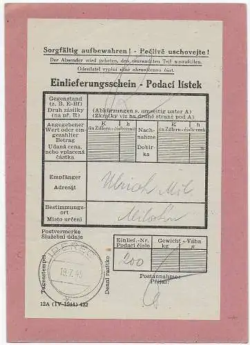 1945 Einschreiben Liberec : Deutscher B&M  Einlieferungsschein verschickt