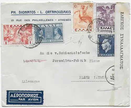 Luftpost Athen nach Plaue/Porzellan Fabrik, Zensur Devisen 1939