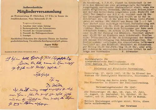 9x verschiedene Belege Hamburg: Mitgliederversammlungen etc. 1937-1947