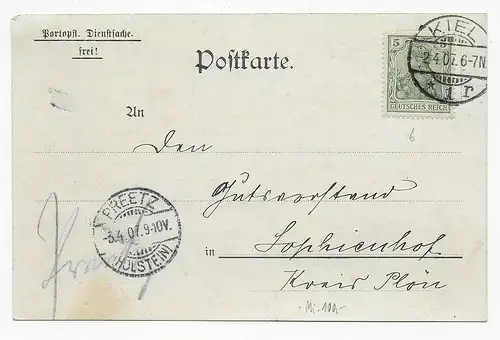 Postkarte Kiel 1907 nach Sophienhof/Plön - Preetz