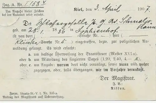 Postkarte Kiel 1907 nach Sophienhof/Plön - Preetz