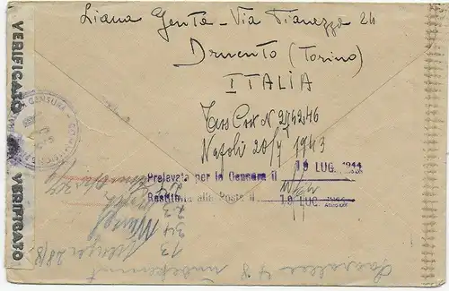 Italien: Brief nach Frankfurt/M 1943 mit italienischer Zensur 1944