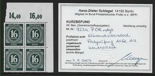 MiNr. 923a POR nd gz, Eckrandviererblock, postfrisch, **, BPP geprüft