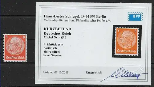 MiNr. 485 I, postfrisch, **, BPP geprüft