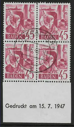 Baden Viererblock gestempelt, 1948, Oberachern, Unterrand mit Druckdatum