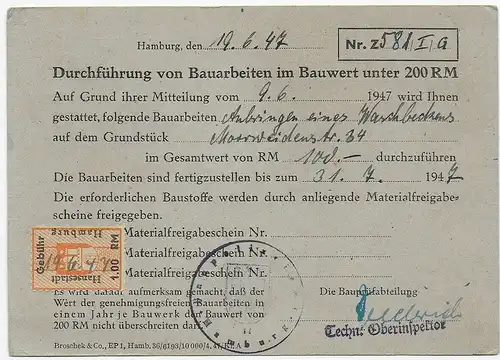 Hansestadt Hamburg: Gebührenmarke 1947 für Bauarbeiten unter 200 RM