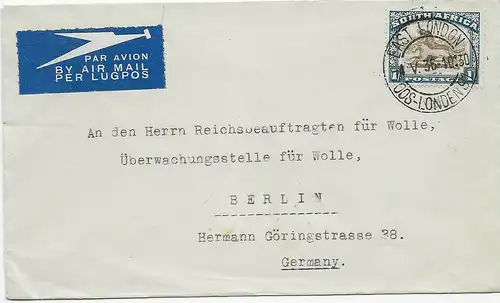 Air mail East London to Berlin, 1936