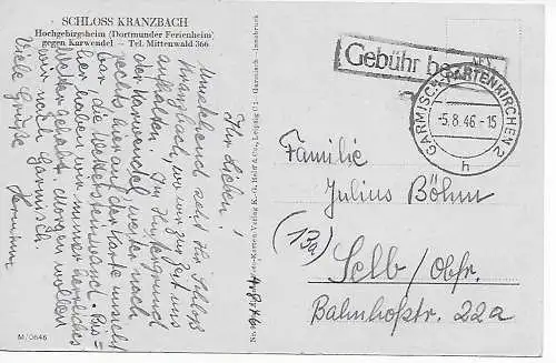 Garmisch-Partenkirchen 1946, Gebühr bezahlt nach Selb, Schloss Kranzbach,