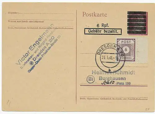 Gebühr bezahlt, Dresden nach Burghausen 1946