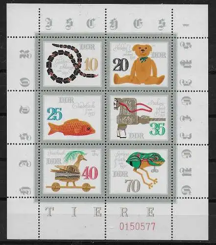 DDR: MiNr. 2861-2866 Kleinbogen, oben nicht durchgezähnt, postfrisch, **