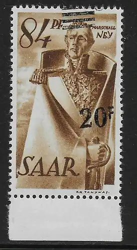 Saar: MiNr. 237 Z, postfrisch, **, Aufdruckverschiebung, Unterrand, geprüft ArGe