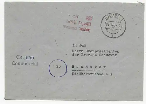 Gebühr bezahlt, Emden 1945 nach Hannover