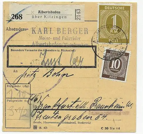 Paketkarte Albertshofen über Kitzingen, Zustellung bezahlt, 1946 nach Praunheim