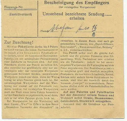 Paketkarte Albertshofen über Kitzingen, Zustellung bezahlt, 1946 nach Praunheim