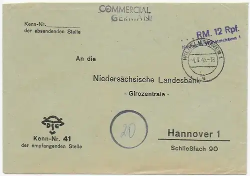 Wilhelmshaven 1945 an die Niedersächsiche Landesbank, 12 RPf Nachw.