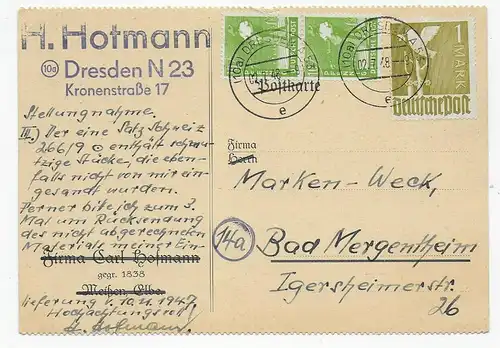 Postkarte Dresden nach Bad Mergentheim 1948