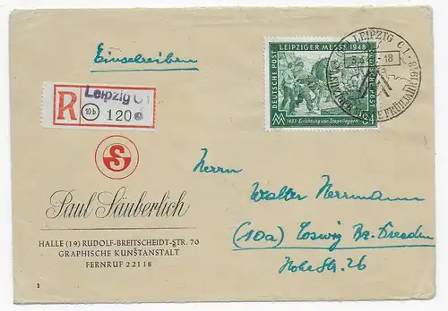 Leipzig Einschreiben mit Sonderstempel Messe 1948 nach Coswig
