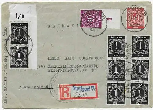 Stuttgart Einschreiben nach Oberreifenberg/Königstein, 1946