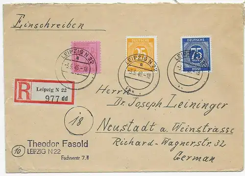 Einschreiben Leipzig 1946 nach Neustadt/Weinstrasse