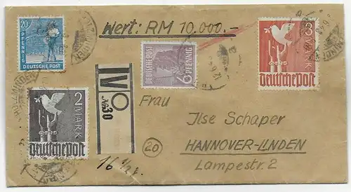 Wertbrief von Holzminden nach Hannover-Linden, 1948
