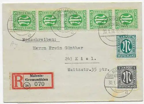 Einschreiben Malente-Gremsmühlen nach Kiel, 1946