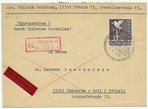 Einschreiben / Eilboten München nach Harxheim 1947 mit Sonderstempel
