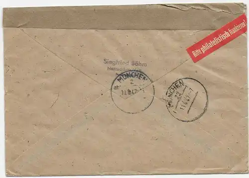 Einschreiben Brief Netzschkau nach München, 1947