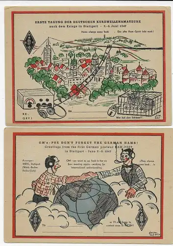 2x Fest-Karten Erste Tagung der Deutschen Kurzwellenamateure 1947, Stuttgart