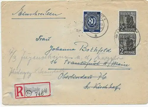 Einschreiben von Arnstadt nach Frankfurt 1948