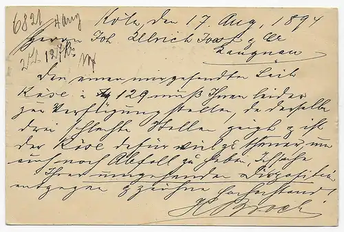 Ganzsache Köln 1894 nach Langnau/Schweiz mit Nachgebür / Taxe