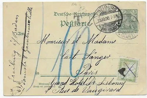 Ganzsache Rossla/Harz, Freiburg nach Paris mit Nachgebühr 1900